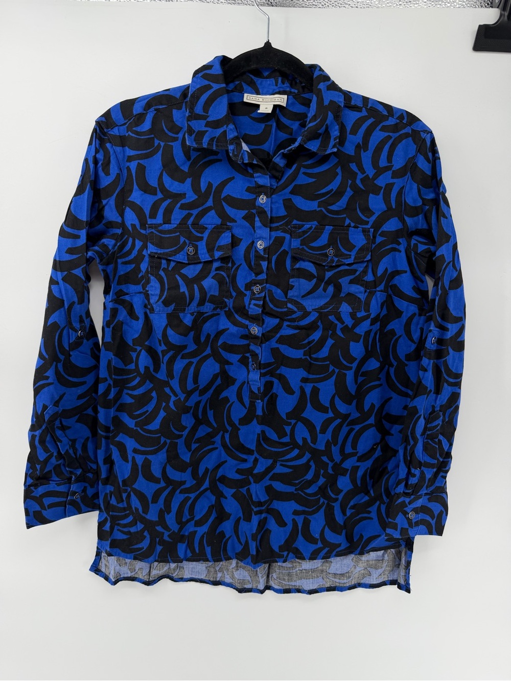Dana Buchman Women's Size S Blue Black Abstract Button Up Roll Tab Sleeve Shirt